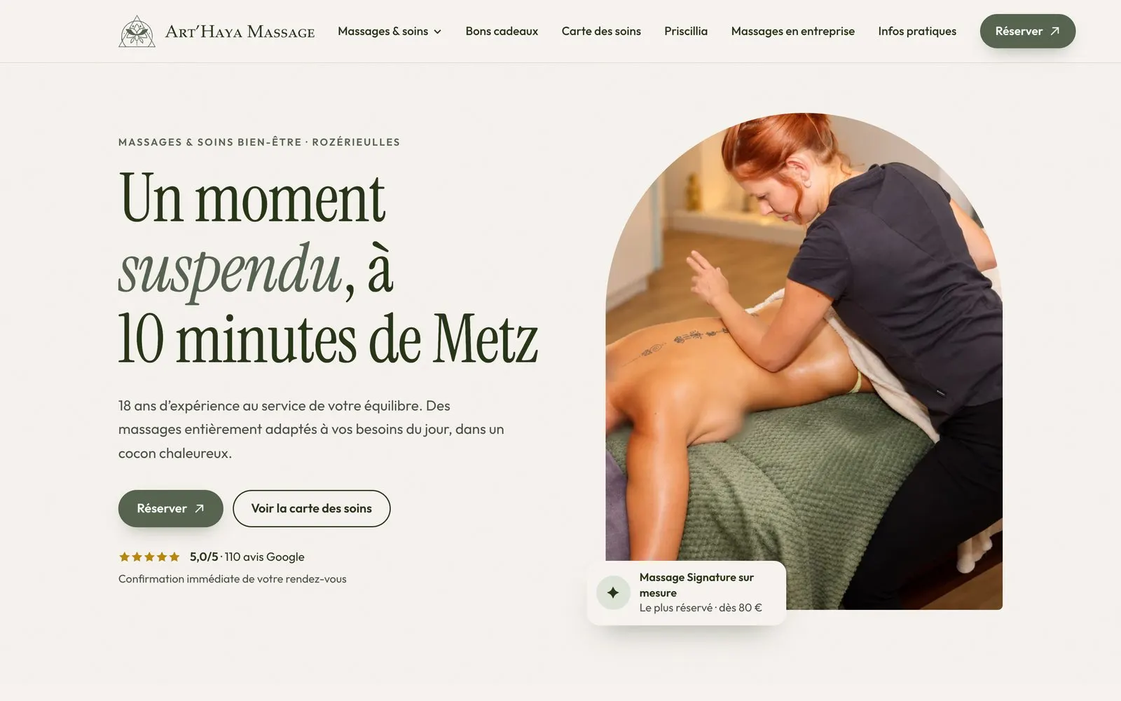 Page d’accueil du site Art’Haya Massage, sur ordinateur